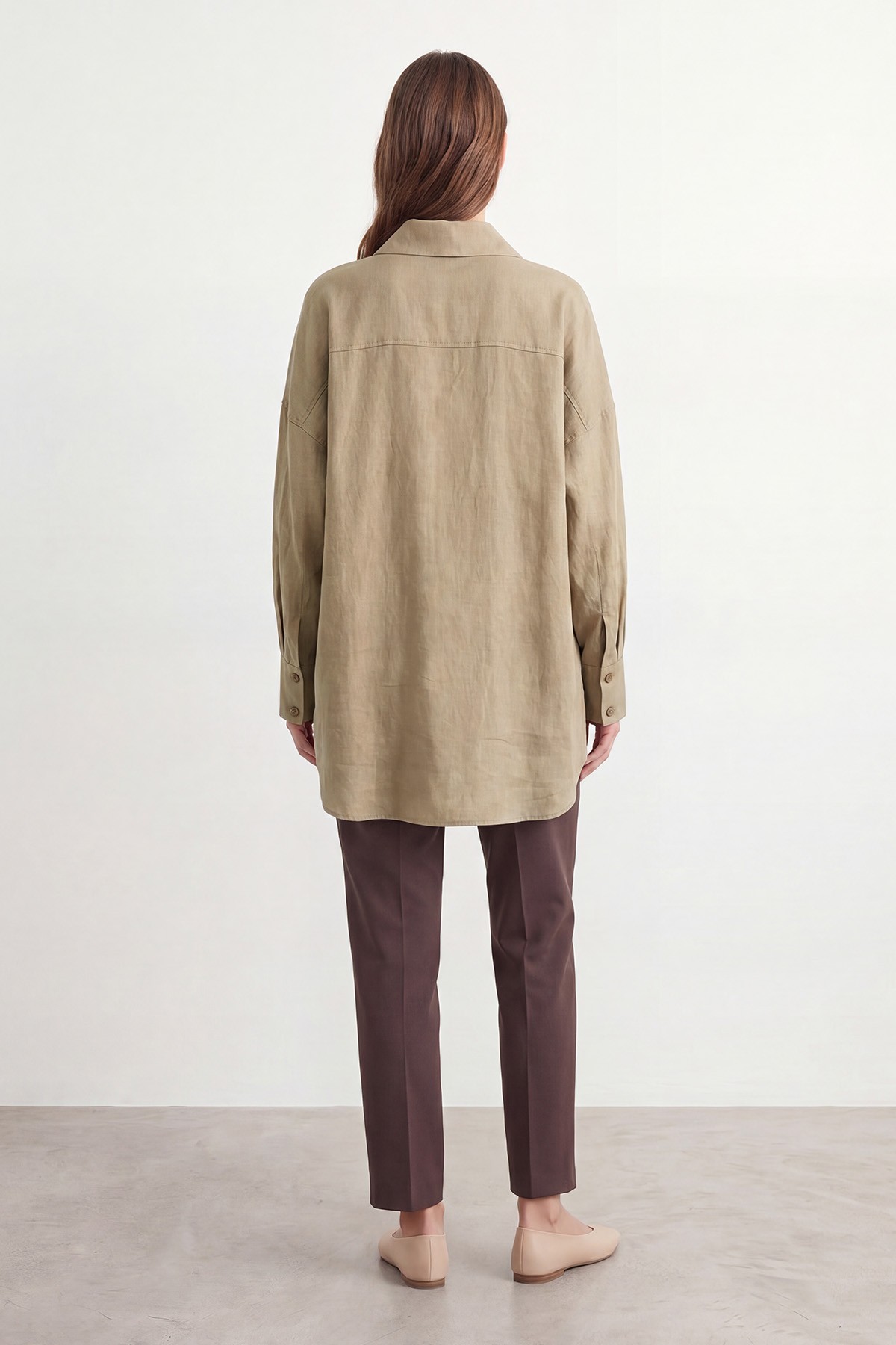 Kadın Naturel Dokulu Oversize Gömlek -10804GML detay görseli