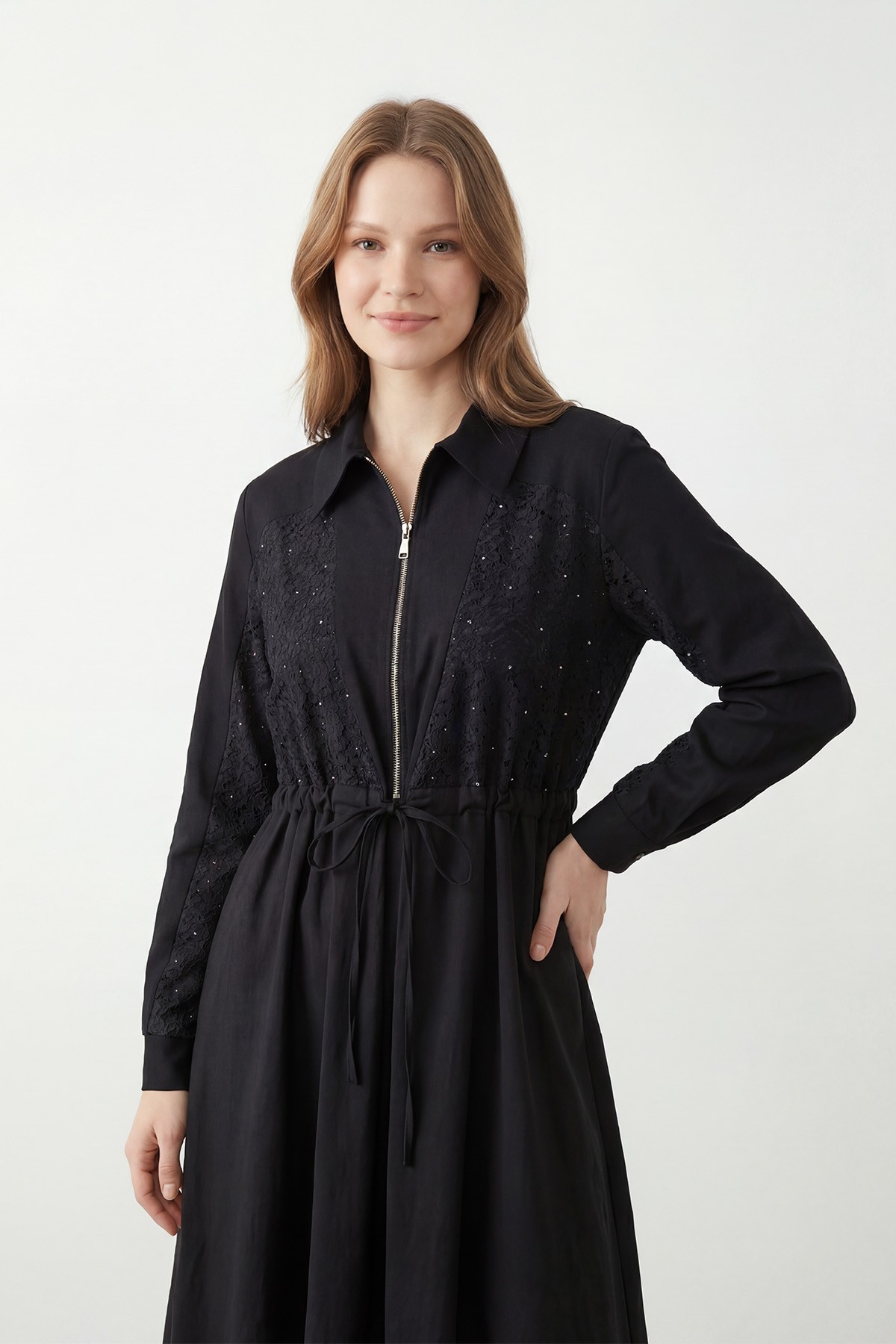 Women's Long Dress with Zipper and Stone Embellishments 