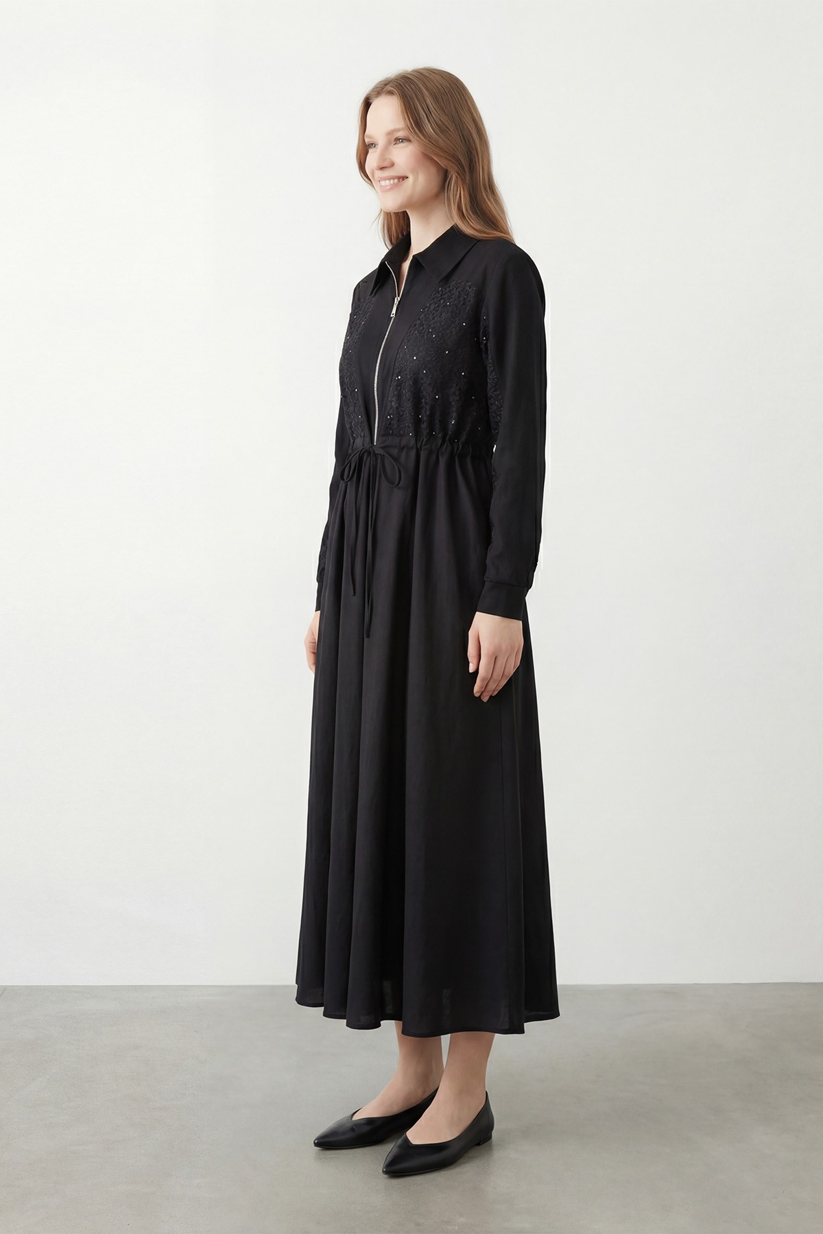 Women's Long Dress with Zipper and Stone Embellishments 