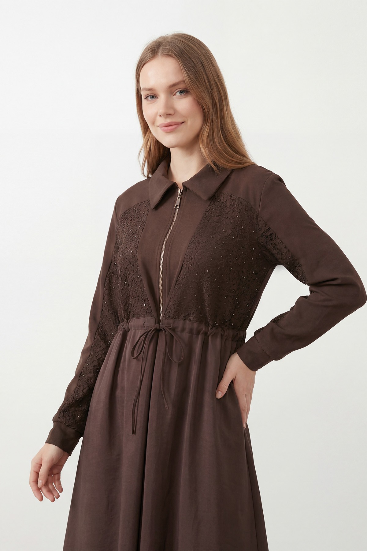 Women's Long Dress with Zipper and Stone Embellishments 