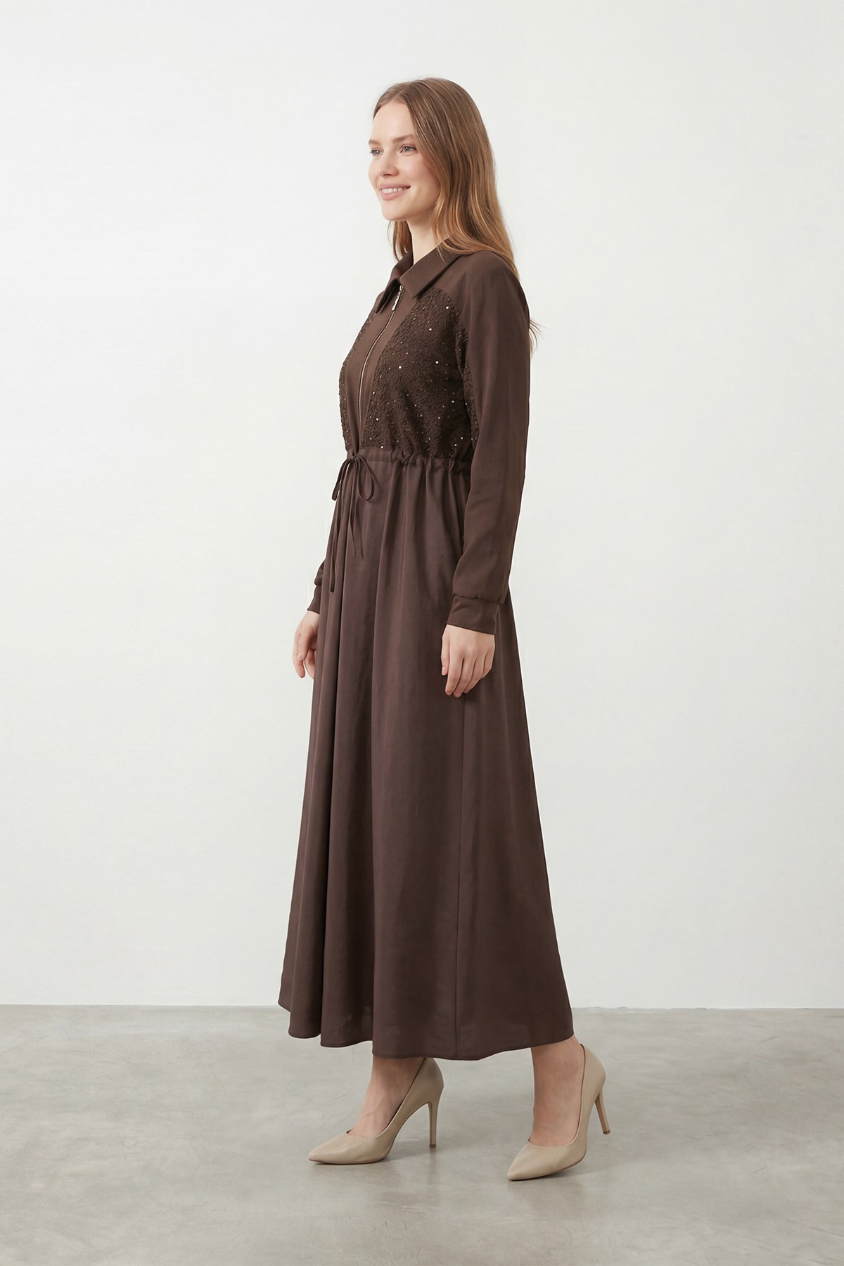 Women's Long Dress with Zipper and Stone Embellishments 