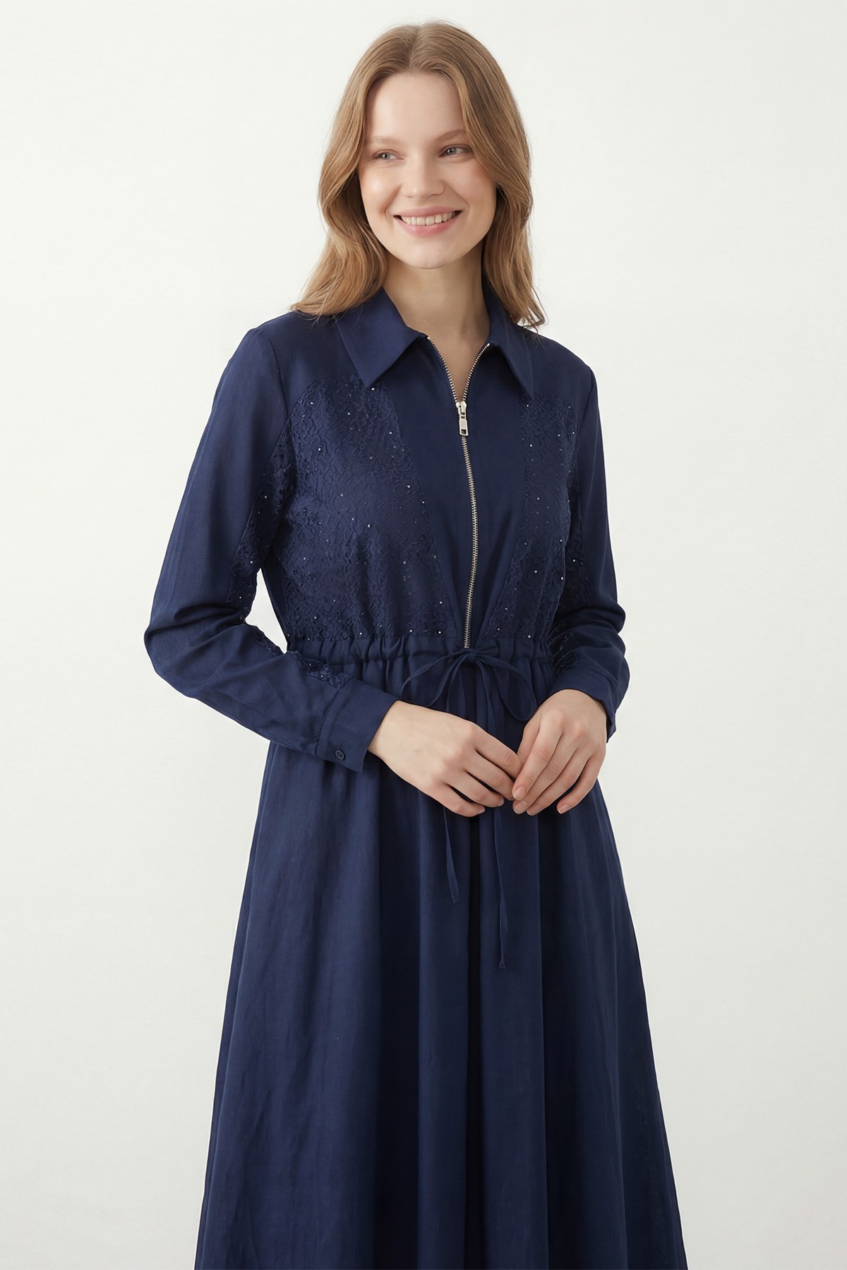 Women's Long Dress with Zipper and Stone Embellishments 