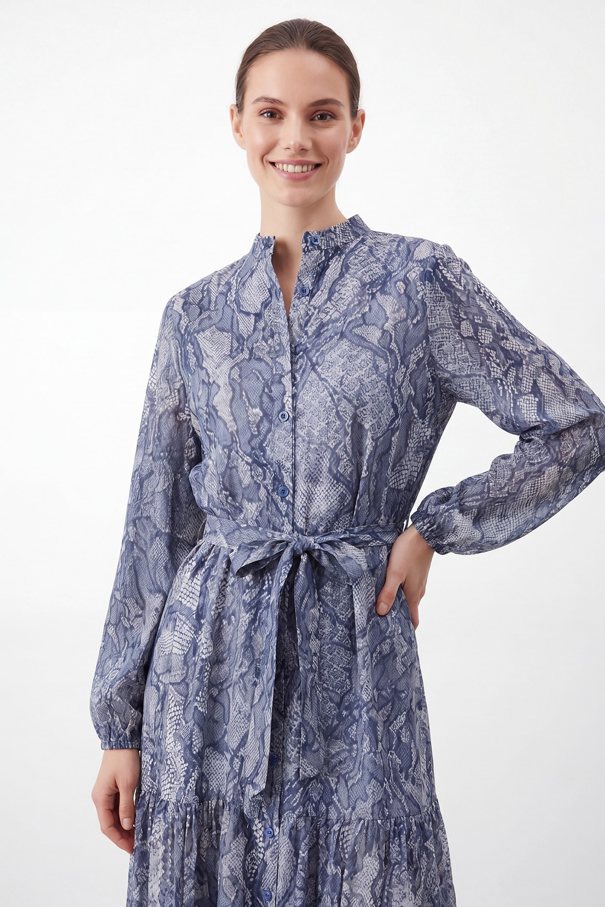 Women's Exotic Patterned Belted Long Dress  