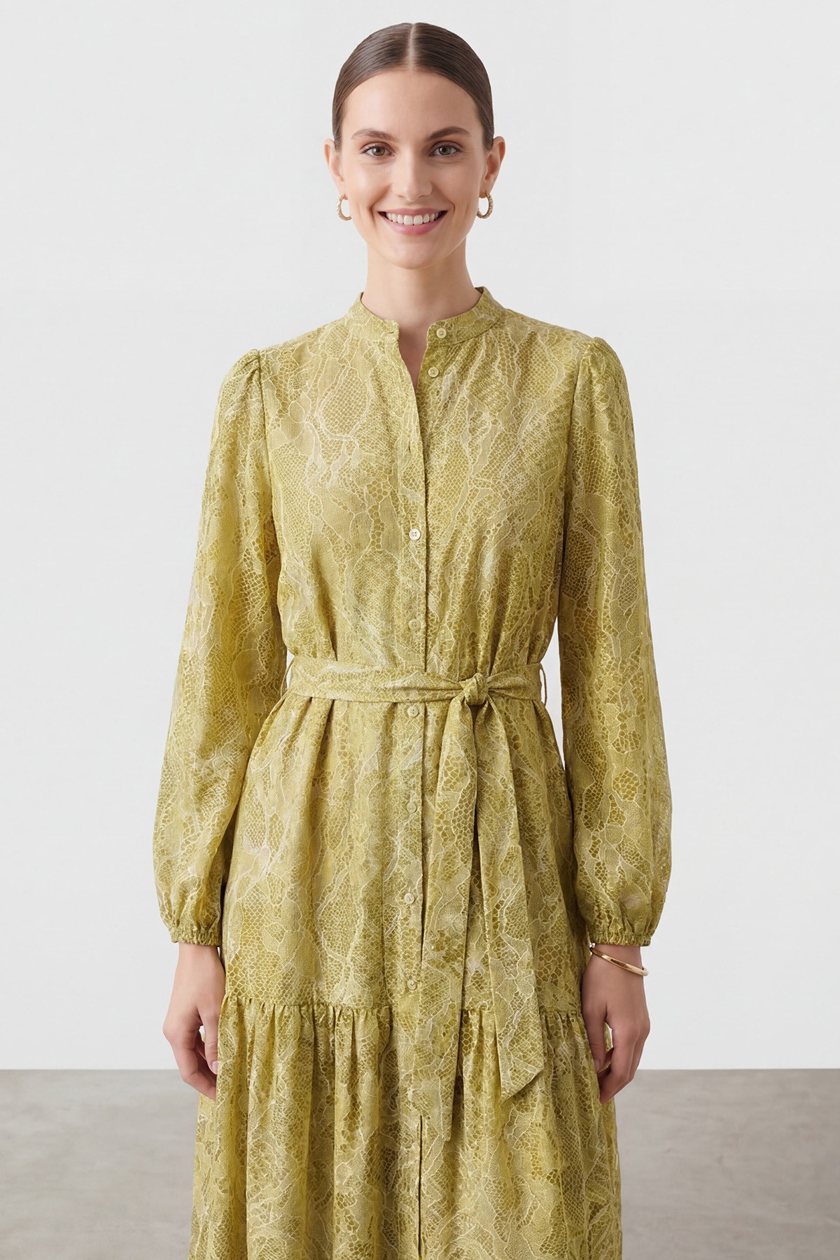 Women's Exotic Patterned Belted Long Dress  