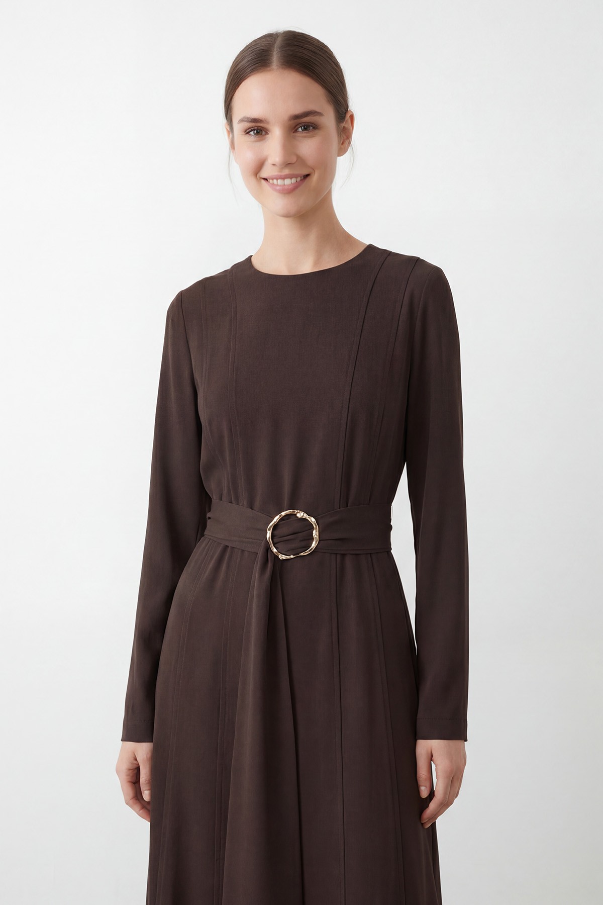 Women's Long Dress with Buckle and Belt Detail 