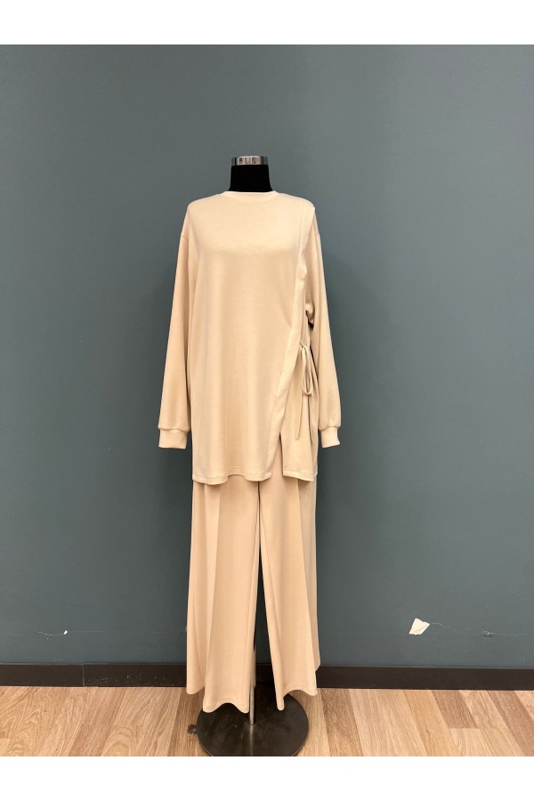 Kadın Yan Bağlama Detaylı Bisiklet Yaka Tunik Pantolon Takım – 14479TKS