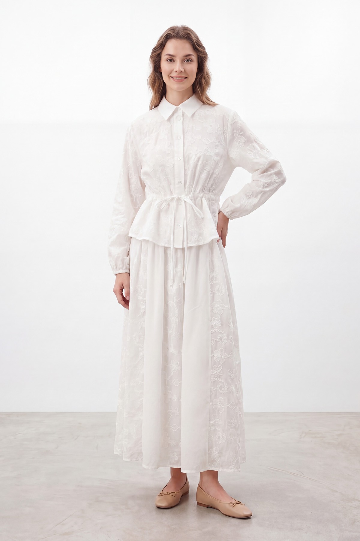 Women's Natural Textured Embroidered Skirt Set 