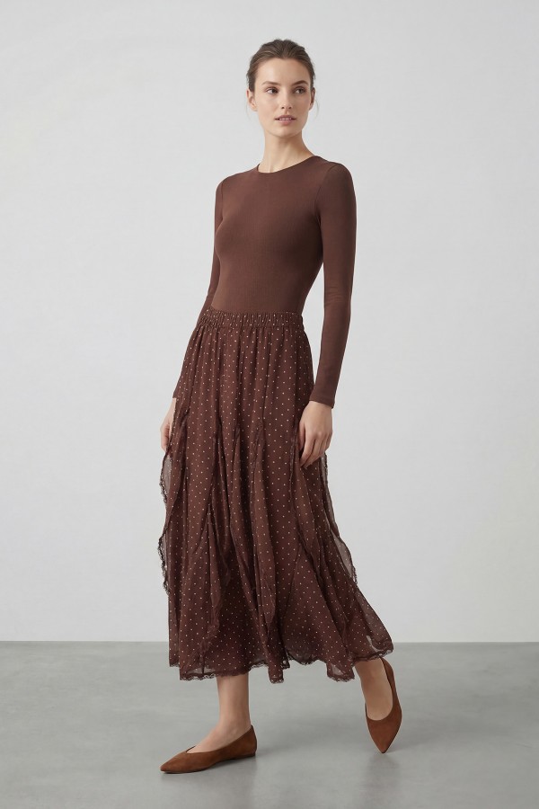 Women's Polka Dot Midi Skirt with Lace Details 