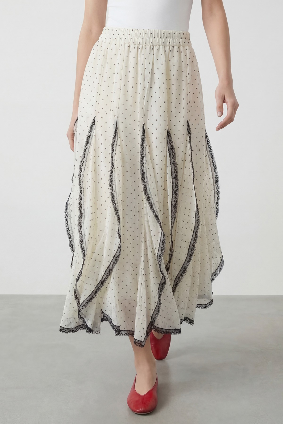Women's Polka Dot Midi Skirt with Lace Details 