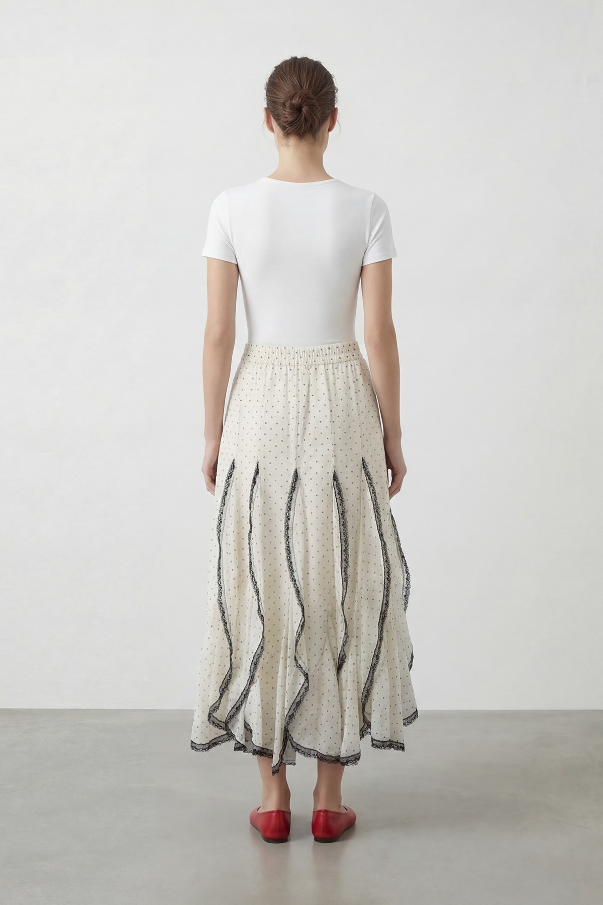 Women's Polka Dot Midi Skirt with Lace Details 