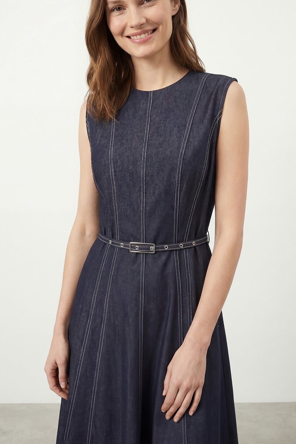 Women's Midi Denim Dress with Stitching Detail and Belt – 20771ELB