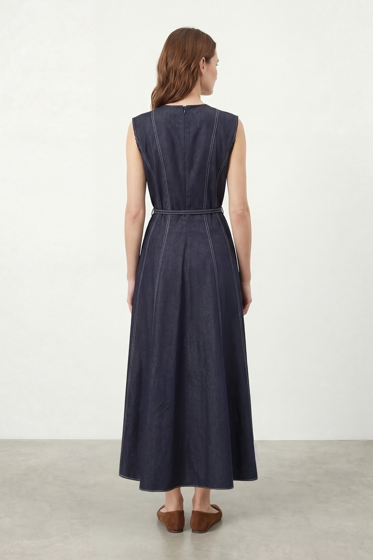 Women's Midi Denim Dress with Stitching Detail and Belt – 20771ELB