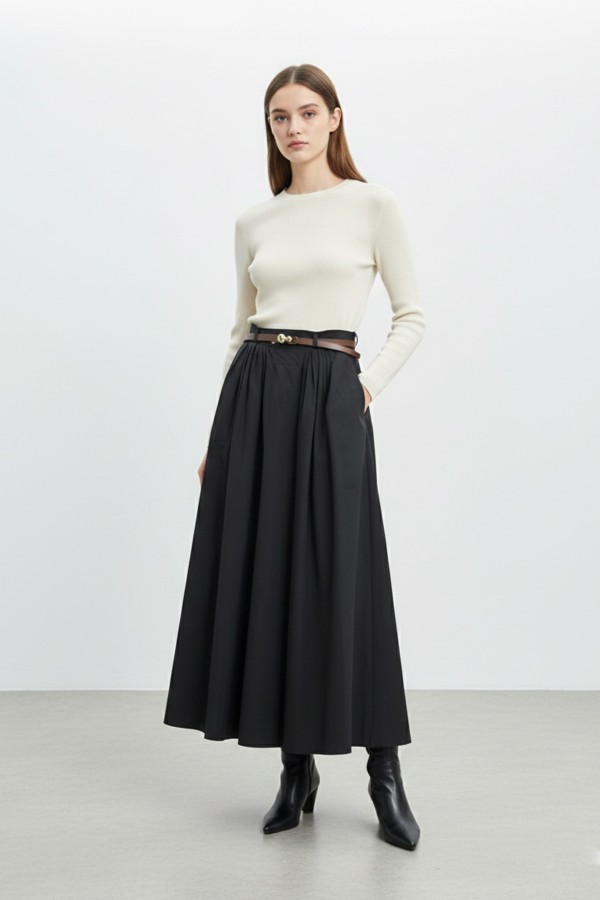 Women's High-Waisted Long Pleated Skirt with Belt Detail