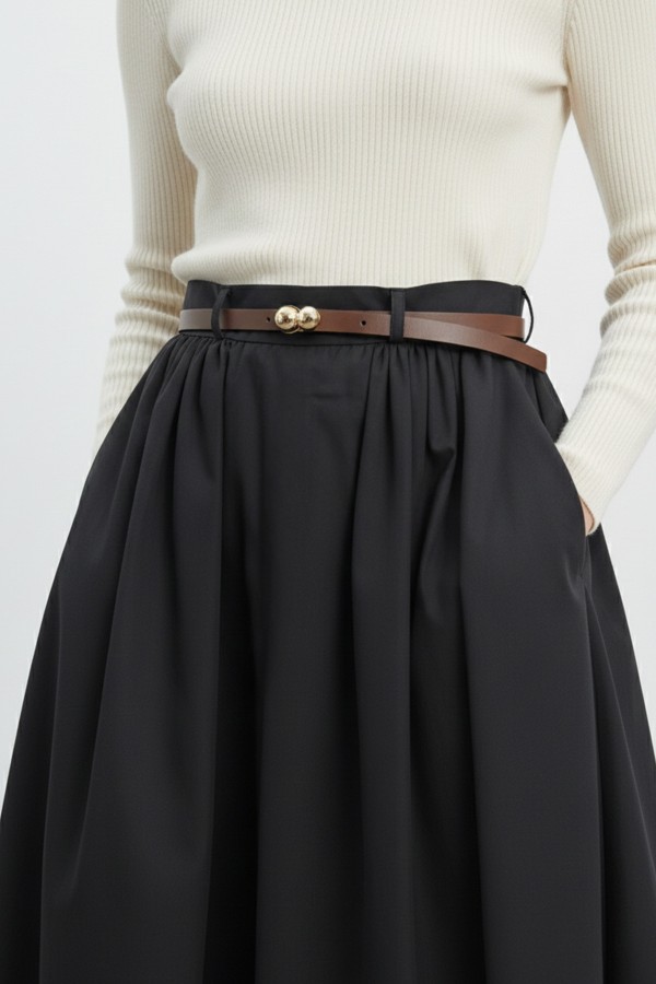 Women's High-Waisted Long Pleated Skirt with Belt Detail