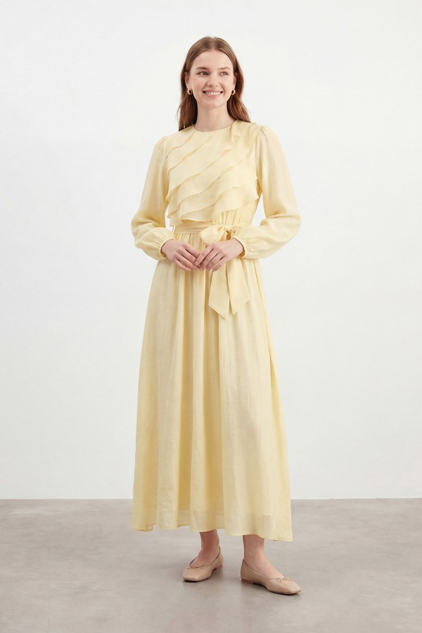 Women's Woven Dress with Ruffle Detail and Belt – 32485ELB
