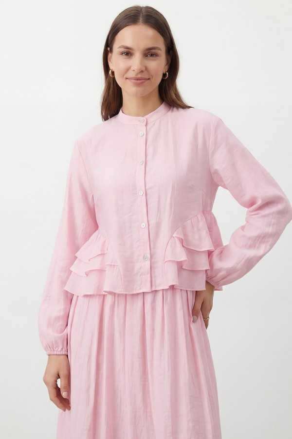 Kadın Hakim Yaka Fırfır Detaylı Tencel Tunik Etek Takım – 32502TKS