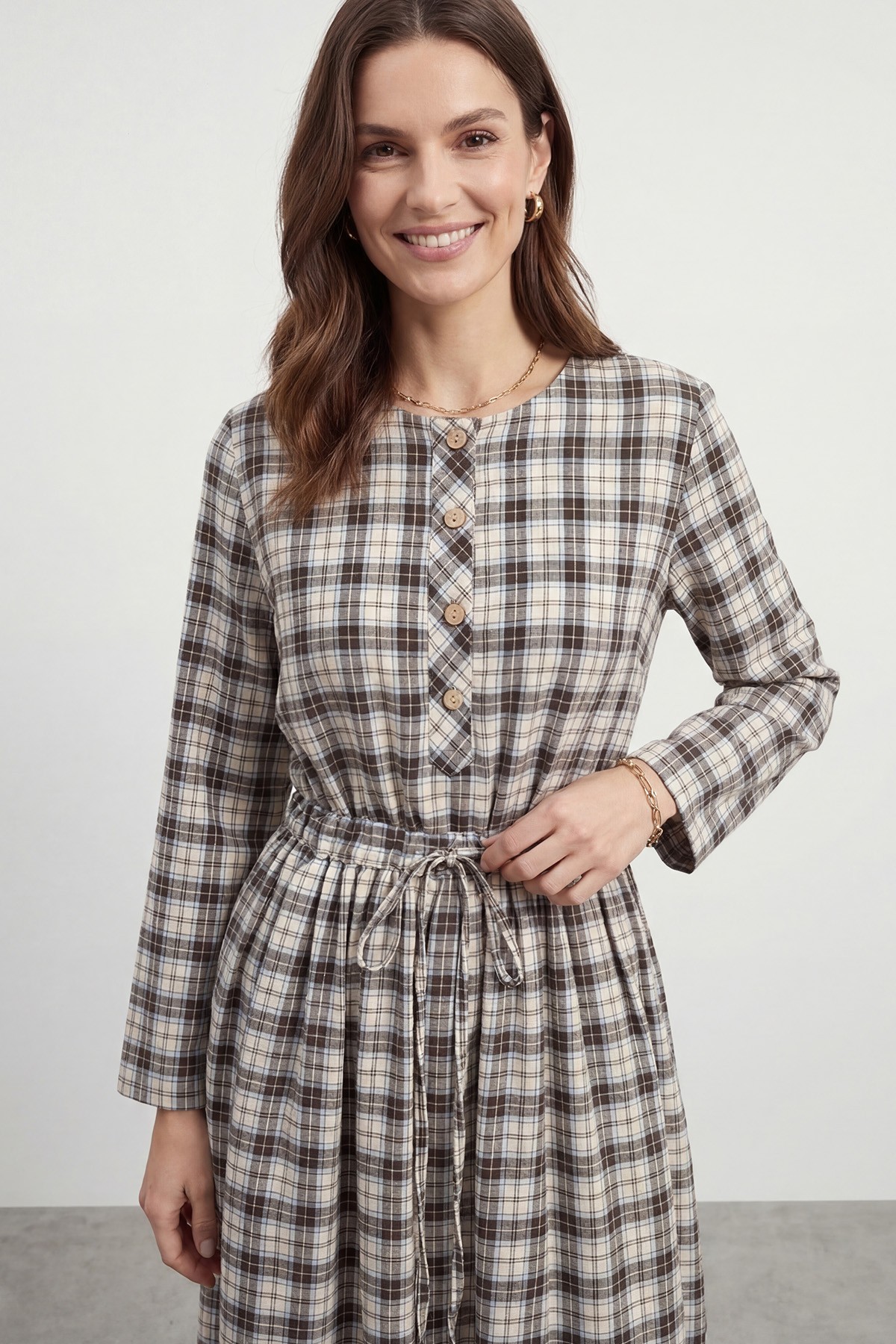 Women's Shirt Collar Button-Down Plaid Cotton Dress – 32507ELB