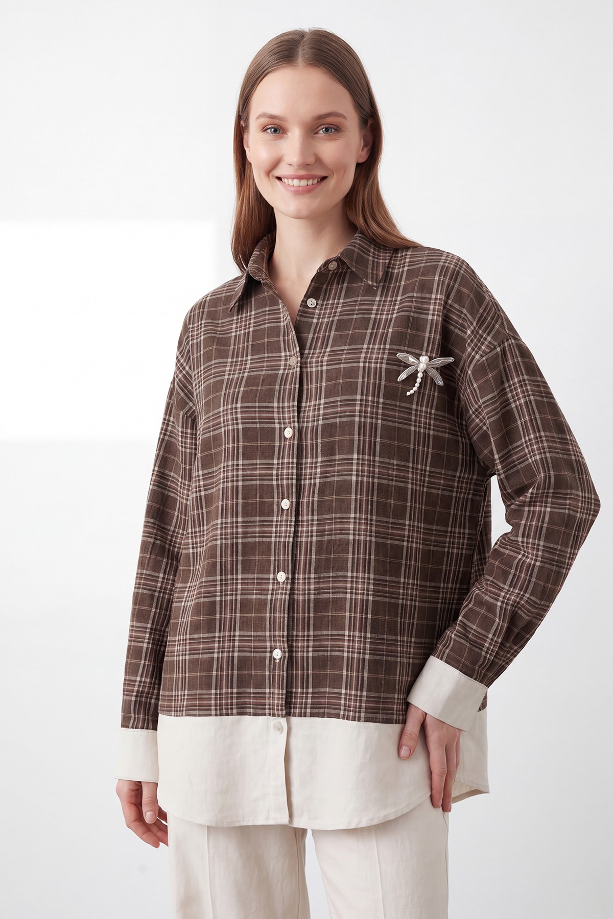 Women's Plaid Shirt with Brooch Detail  