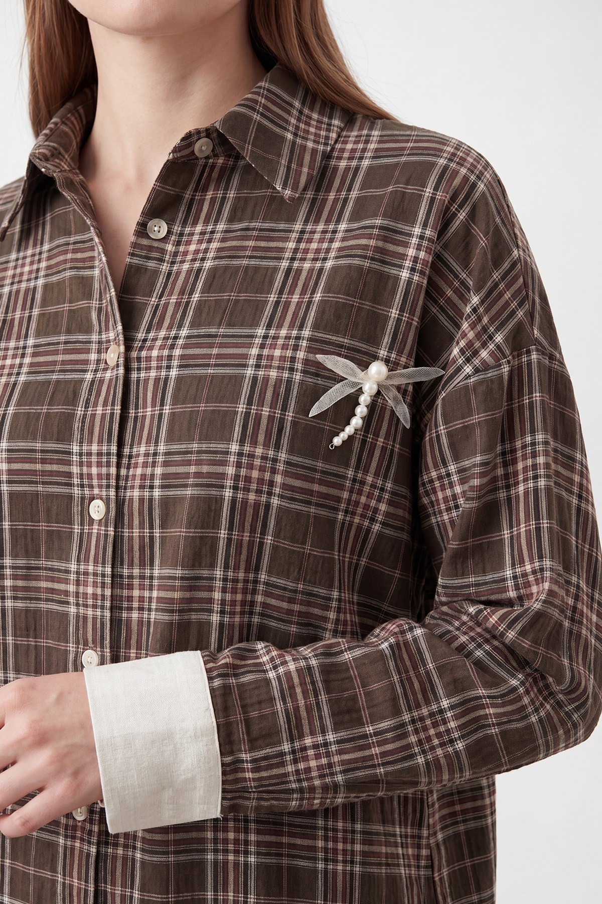 Women's Plaid Shirt with Brooch Detail  
