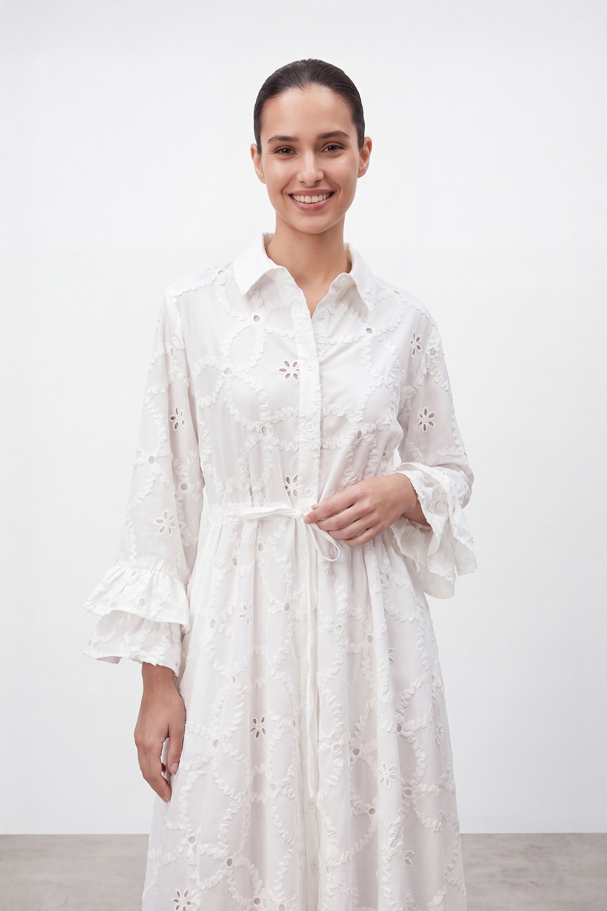 Women's Long Dress with Lace Pattern and Sleeve Detail – 32519ELB