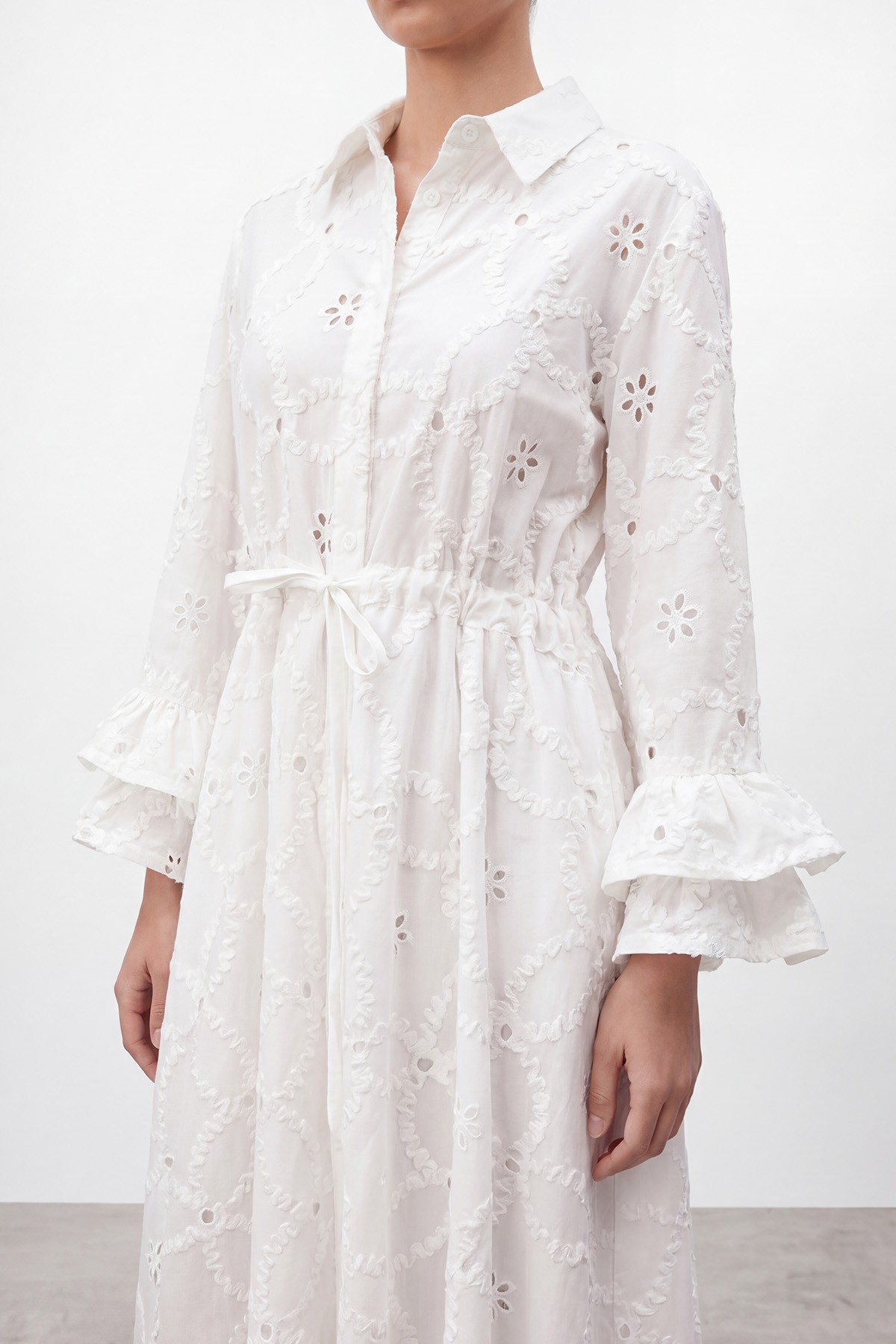 Women's Long Dress with Lace Pattern and Sleeve Detail – 32519ELB