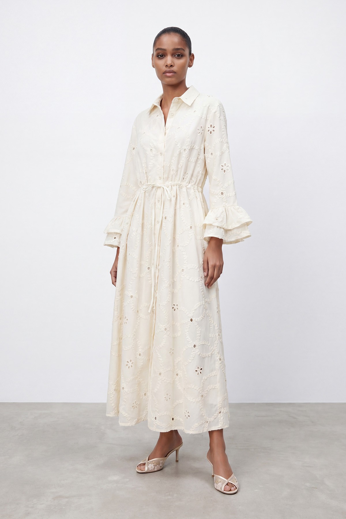 Women's Long Dress with Lace Pattern and Sleeve Detail – 32519ELB