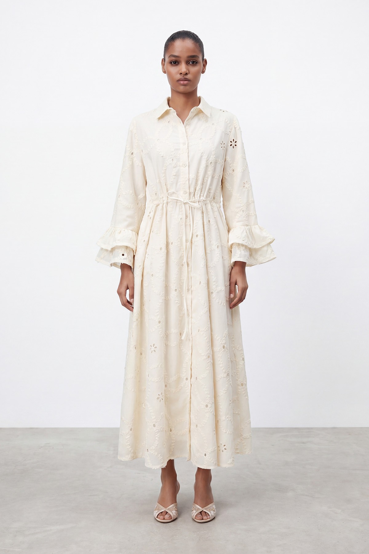Women's Long Dress with Lace Pattern and Sleeve Detail – 32519ELB