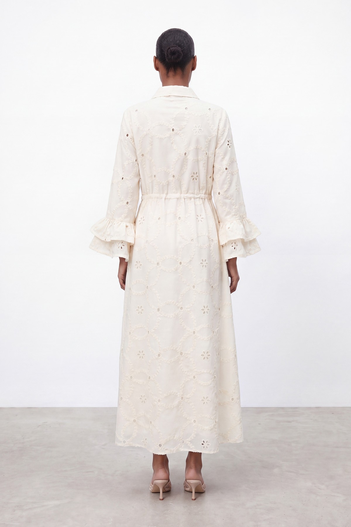 Women's Long Dress with Lace Pattern and Sleeve Detail – 32519ELB detay görseli