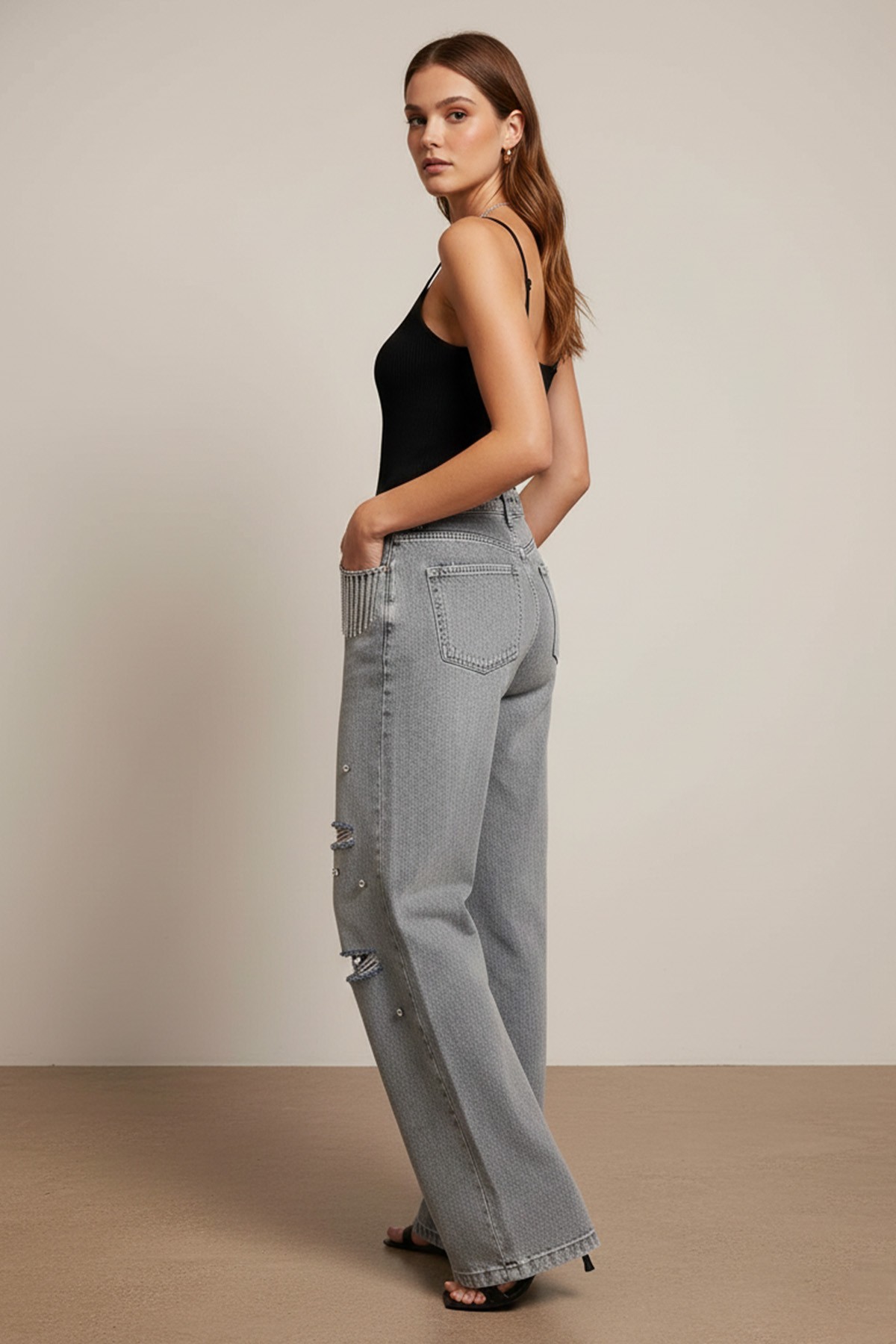 Women's Wide Leg Trousers with Stone Embellishments 