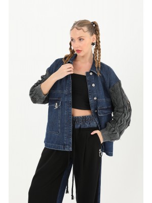 Kadın Triko Kol Detaylı Denim Ceket -32041CKT