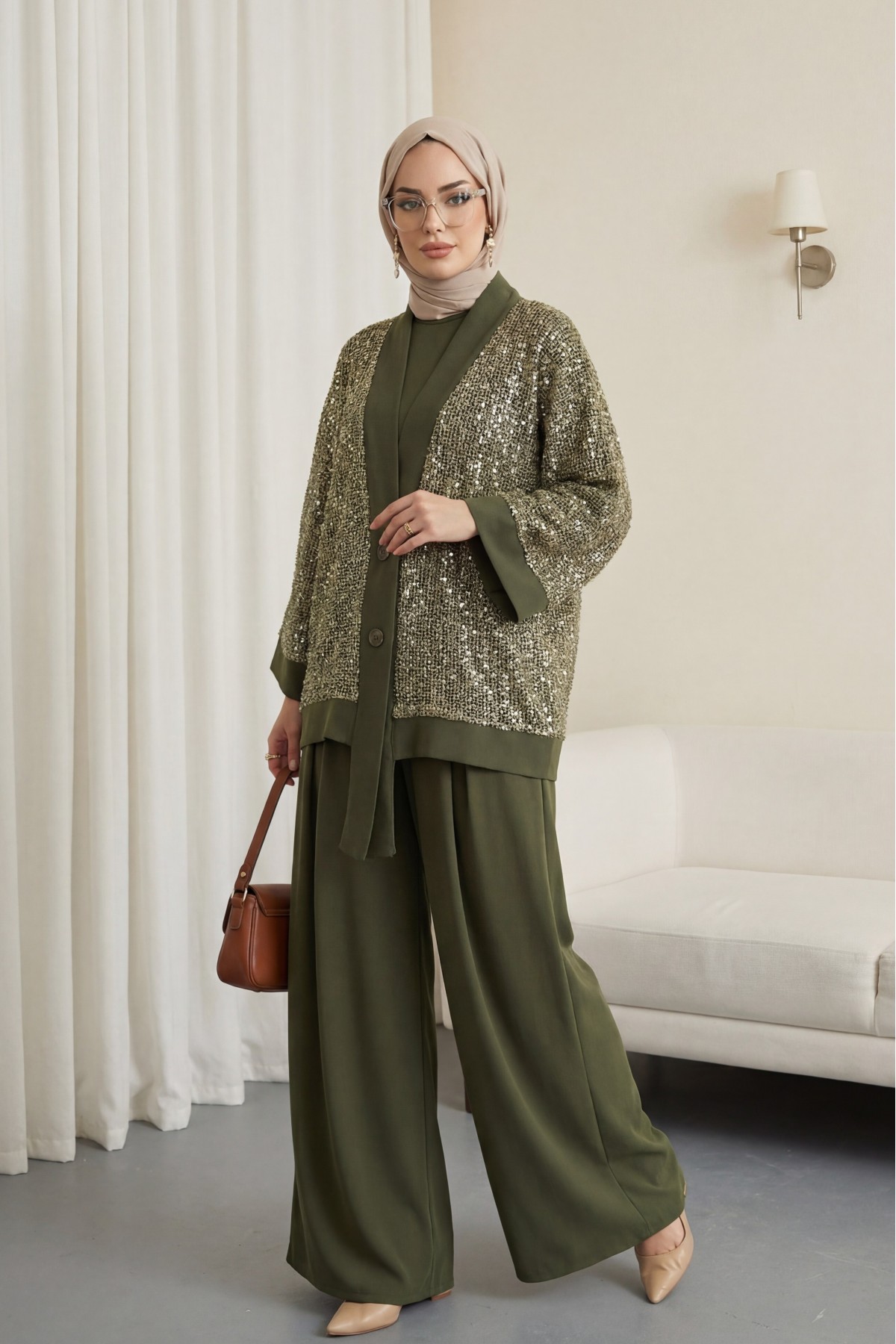 Sendy 3-Piece Set with Sequined Mesh Cardigan -Khaki