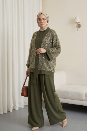 Sendy 3-Piece Set with Sequined Mesh Cardigan -Khaki