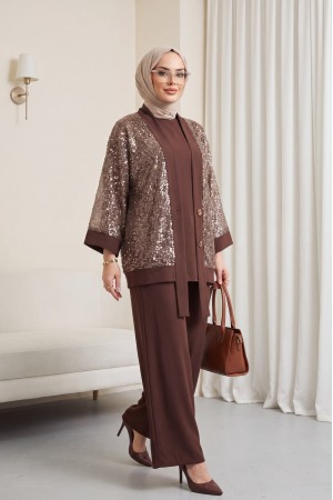 Pul Payet File Hırkalı 3'lü Sendy Takım  -Kahve