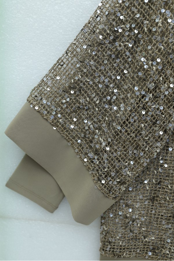 Sendy 3-Piece Set with Sequined Mesh Cardigan -Mink color