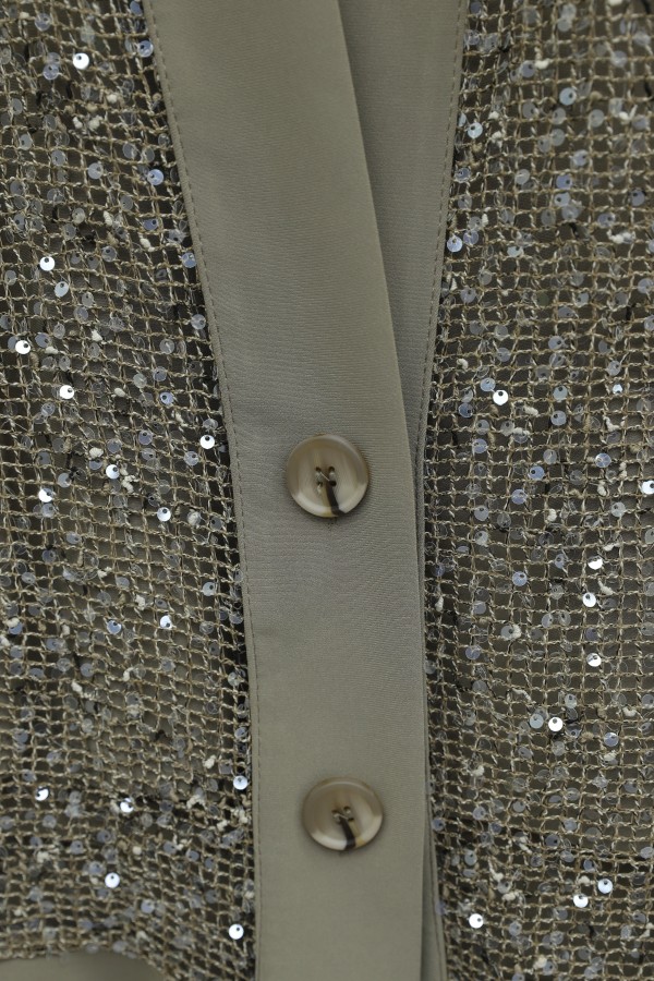 Sendy 3-Piece Set with Sequined Mesh Cardigan -Mink color