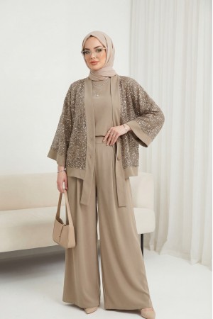 Sendy 3-Piece Set with Sequined Mesh Cardigan -Mink color