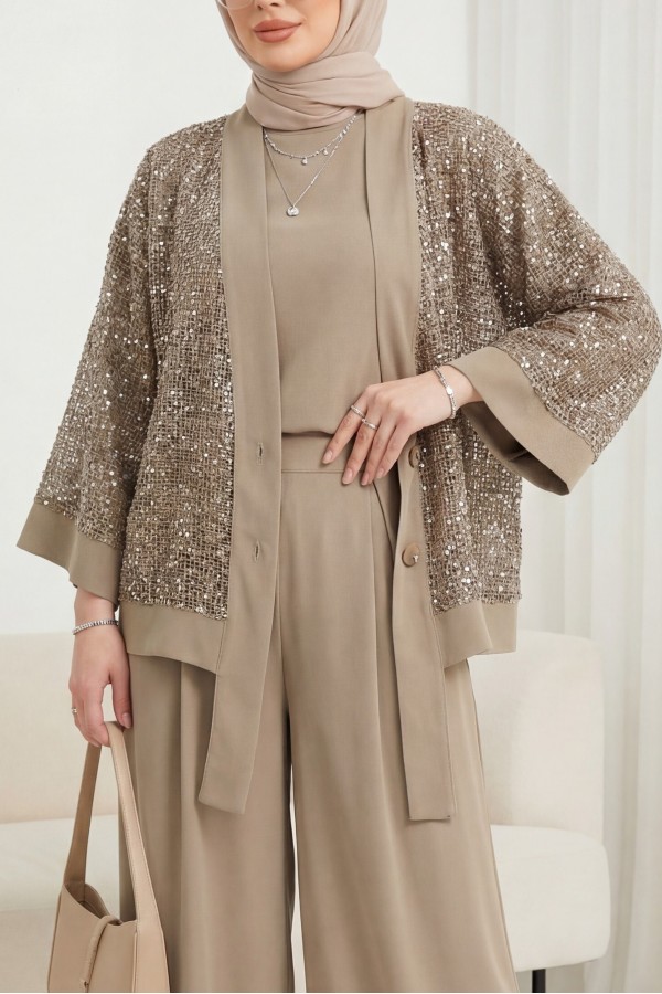 Sendy 3-Piece Set with Sequined Mesh Cardigan -Mink color