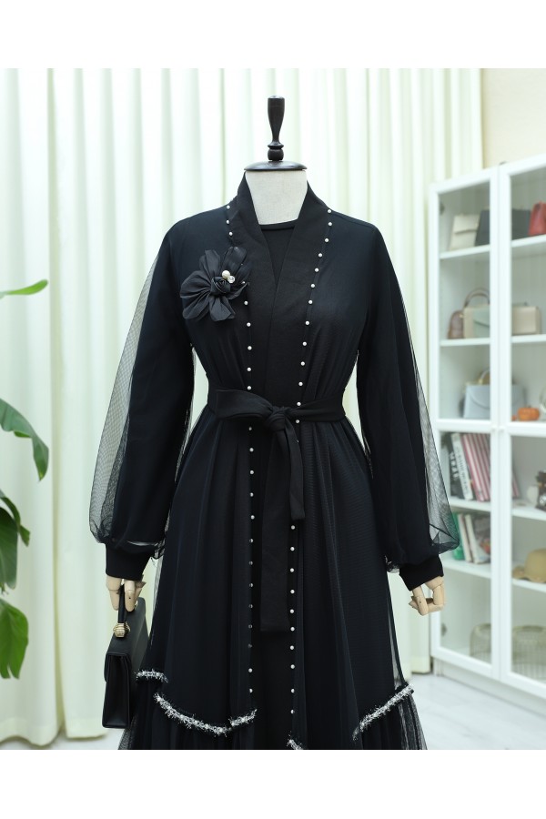 Yakası Gül Detaylı İncili Eteği Şeritli  İkili Abaya  Takım  -Siyah