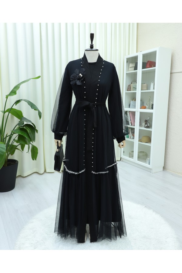 Yakası Gül Detaylı İncili Eteği Şeritli  İkili Abaya  Takım  -Siyah