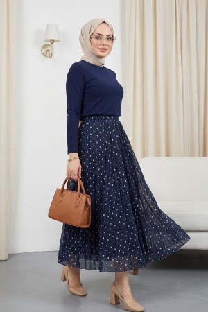 تنورة من التول مبطنة بنقاط البولكا مع خصر مطاطي -كحلي