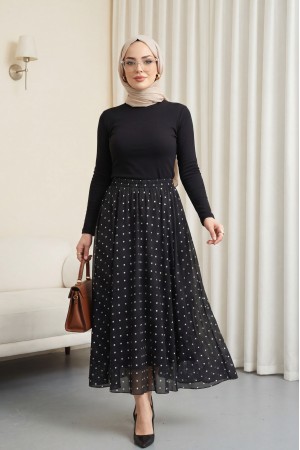 تنورة من التول مبطنة بنقاط البولكا مع خصر مطاطي -أسود