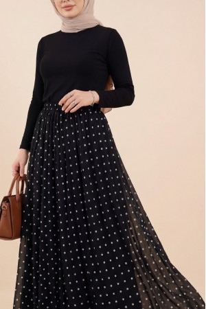 تنورة من التول مبطنة بنقاط البولكا مع خصر مطاطي -أسود