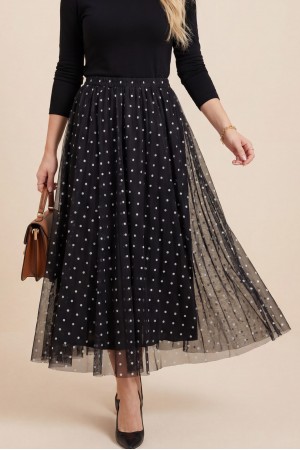 تنورة من التول مبطنة بنقاط البولكا مع خصر مطاطي  -بني محروق