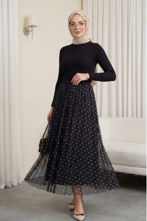 Beli Lastikli Puantiyeli Astarlı Tül Etek  -K. Kahve