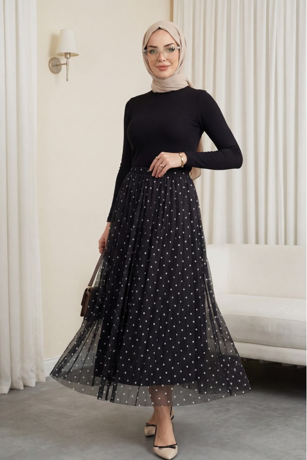 Polka Dot Lined Tulle Skirt with Elastic Waist  -Dark Coffee