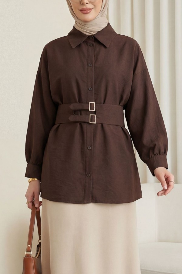 Cupra Shirt with Double Buckle Elastic Belt and Button Front -Dark Coffee