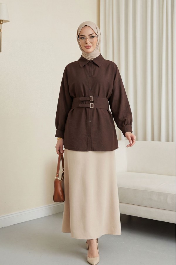 Cupra Shirt with Double Buckle Elastic Belt and Button Front -Dark Coffee