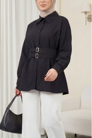Çift Tokalı Lastikli Kemerli Önü Düğmeli Cupra Gömlek -Siyah