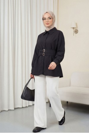 Çift Tokalı Lastikli Kemerli Önü Düğmeli Cupra Gömlek -Siyah