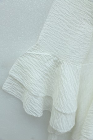 Jacquard Waffle Suit with Ruffled Cuffs and Wide Leg Trousers, and Belt. -White